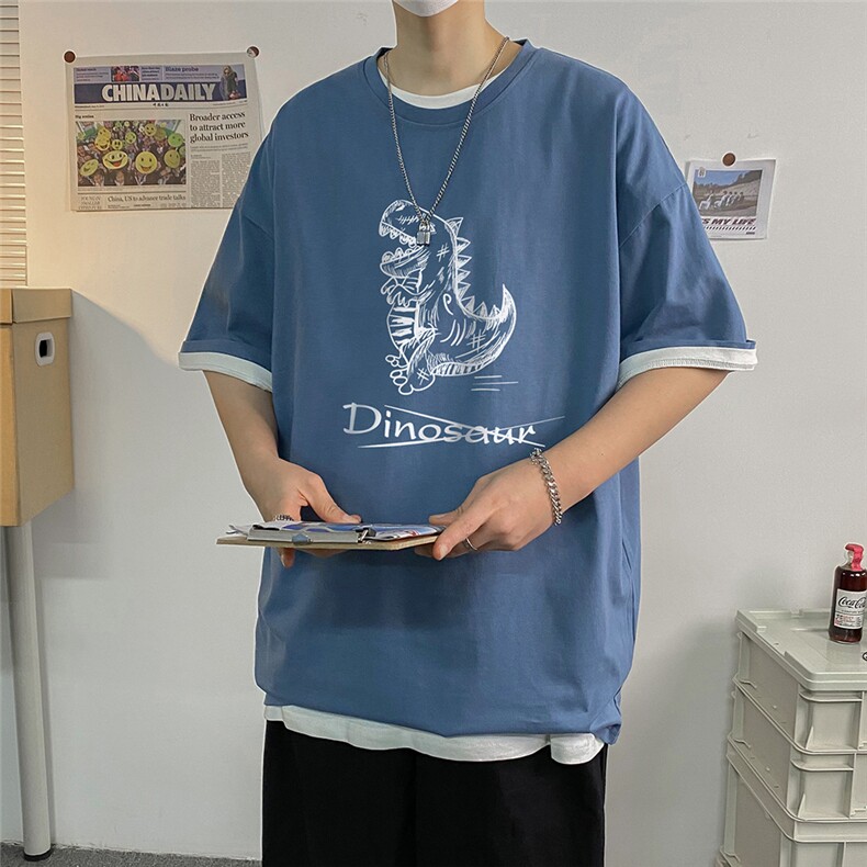 港风  夏新款小恐龙印花宽松圆领短袖上衣男T40 P25控38图片