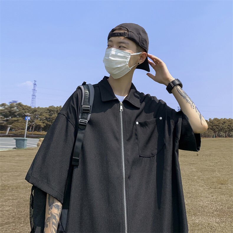 夏男冰丝短袖拉链衬衫金属铆钉五分袖衬衣CS409P33,男装衬衫,星座1013-1