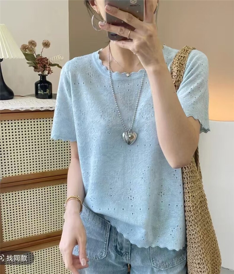 镂空短袖精仿6羊毛,女装T恤,源达羊绒