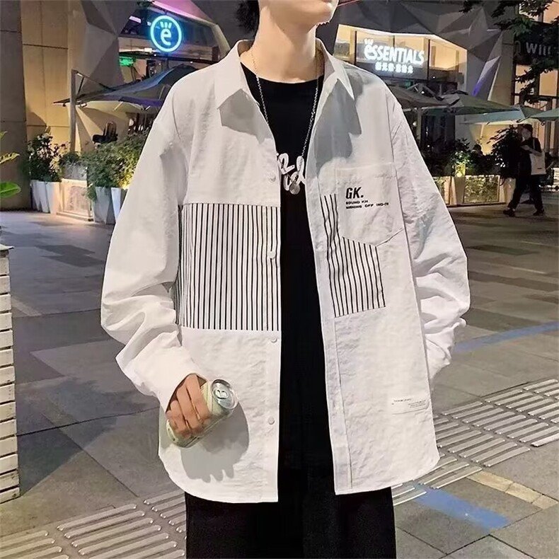 2025新款文艺设计感条纹拼接长袖衬衫秋季韩版宽松休闲百搭上衣，男装衬衫，星座1210-1