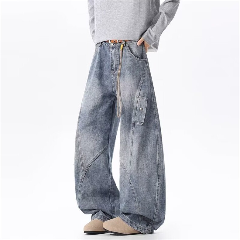 大口袋解构拼接工装牛仔裤男潮牌美式vibe高街直筒阔腿弯刀长裤子,男装牛仔裤,星座813-2