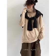秋冬新款宽松半高领条纹长袖T恤女宽松百搭显瘦内搭上衣打底衫，男装T恤，星座506A
