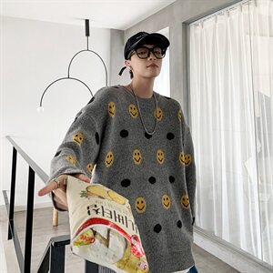 秋冬韩版笑脸情侣毛衣潮流宽松时尚灰套头针织衫男QT816-P68图片