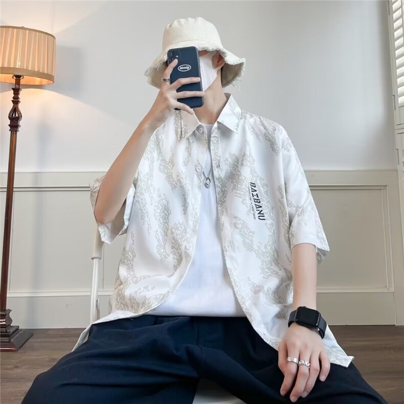 短袖衬衫男潮流ins休闲半袖衬衣大码胖子宽松冰丝透气CW12,男装衬衫,星座1116A-1（原606A）