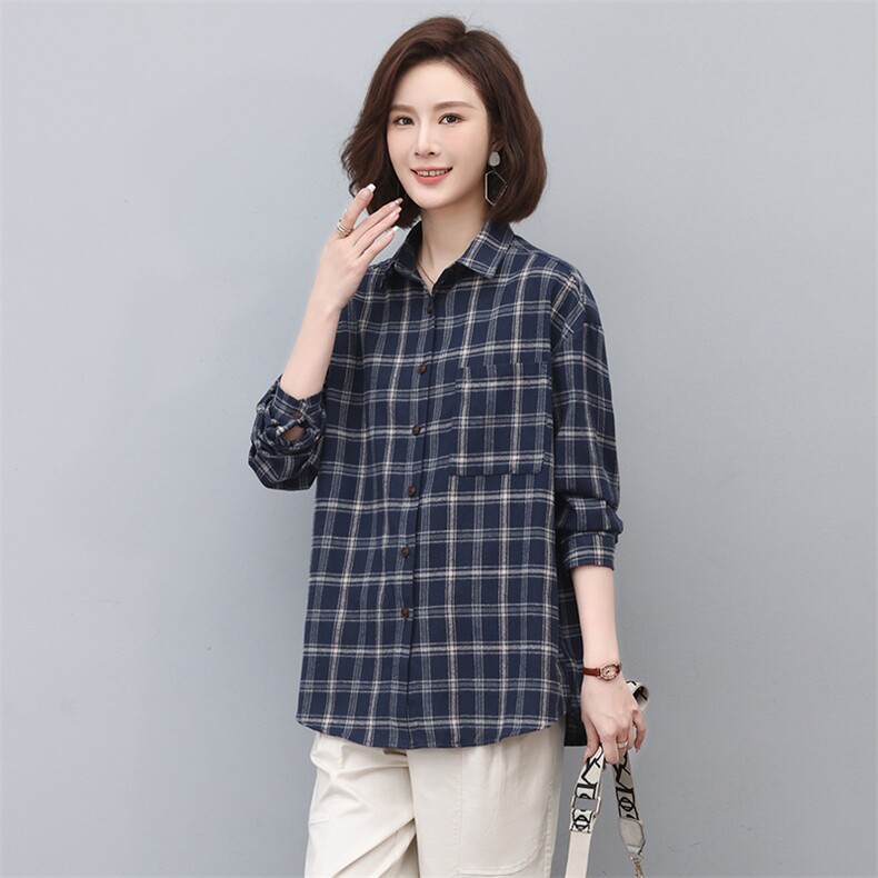 格子衬衫女长袖2025新款春秋季纯棉衬衣中年妈妈小衫上衣,女装衬衫,忆绮罗