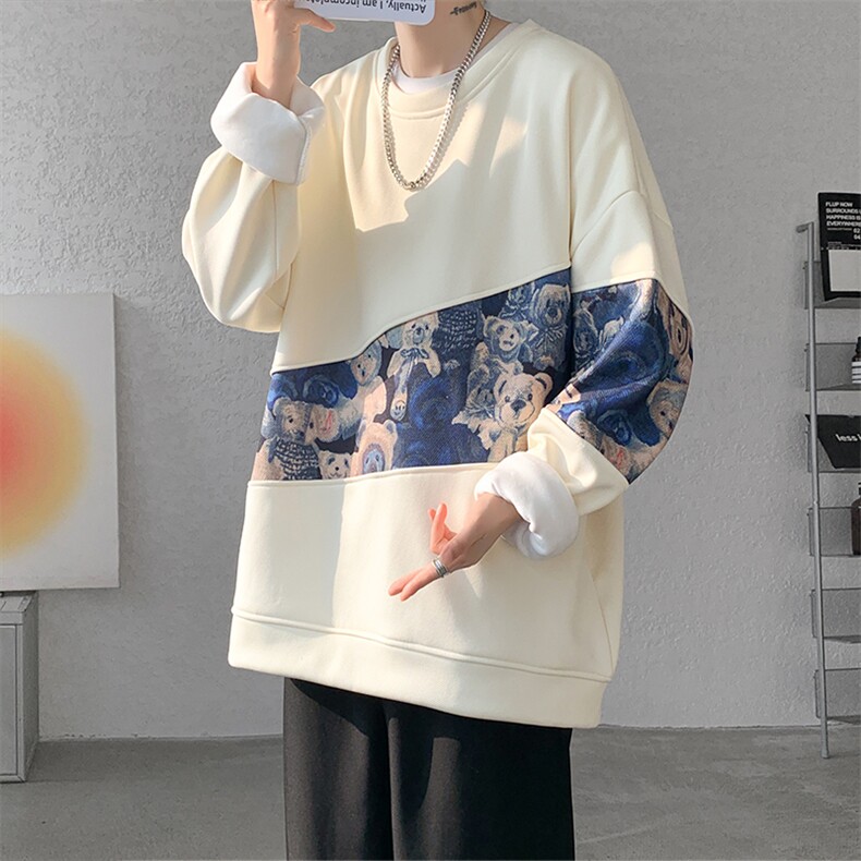 现货撞色拼接小熊大码长袖圆领卫衣WY10093-特批35加绒特批45,男装卫衣,电商A059