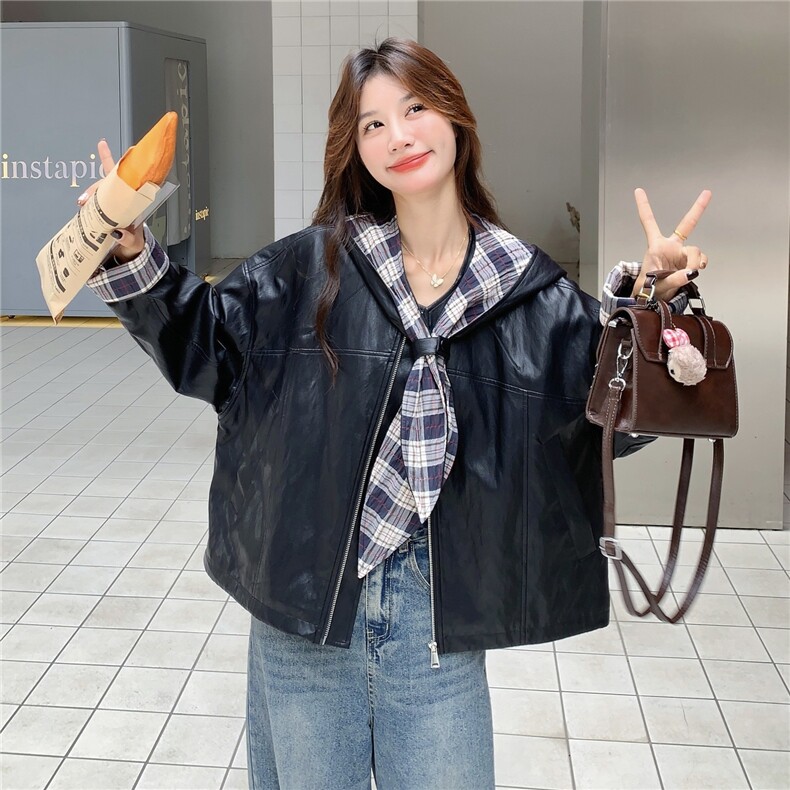 黑色甜酷风可拆卸帽pu皮衣夹克女秋2025新款小个子休闲显瘦短外套,女装皮衣,慧尚2-185