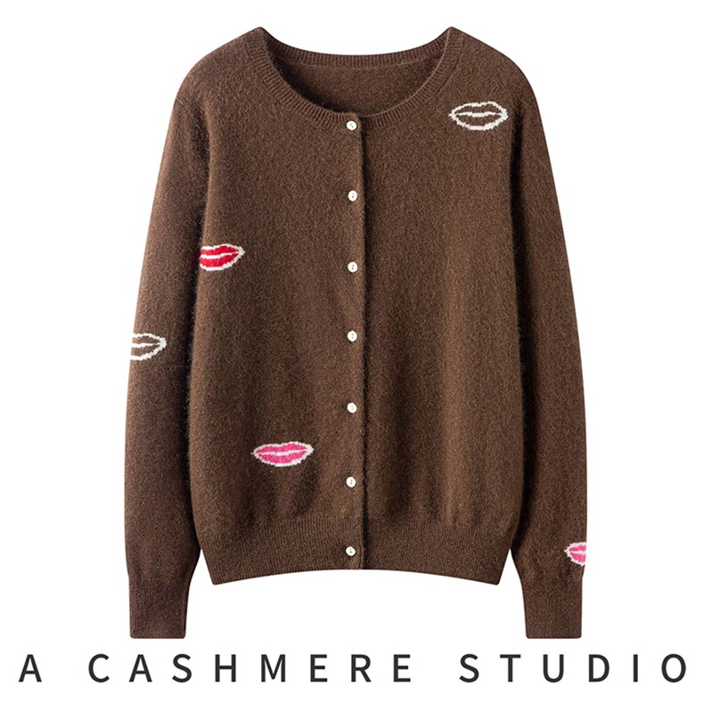 2025年秋季新款百搭圆领提花长袖开衫，女装羊绒衫，珍丝贝尔