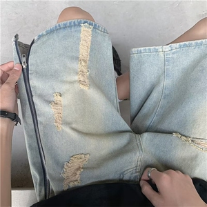破洞牛仔短裤男设计感拉链五分裤高街黄泥裤子夏男T1646-P41图片