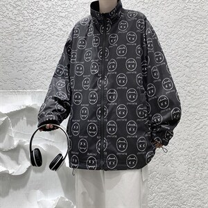 港风模特秋季笑脸印花两面穿多口袋男士夹克外套JK80P85限118，男装夹克，电商A089-1