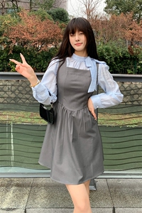现货2024年春女时尚甜美法式蝴蝶绑衬衫网红气质显瘦背心裙两件套图片