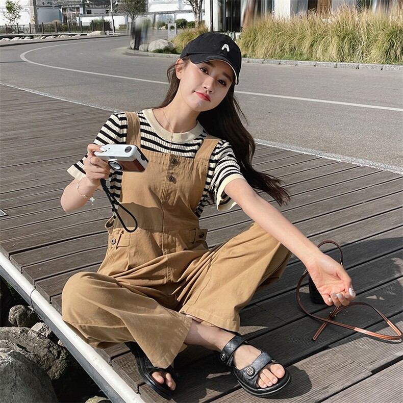 卡其色直筒工装背带裤女2023夏季新款韩版小个子高腰垂感阔腿裤子，女装连体裤，浪娴服饰