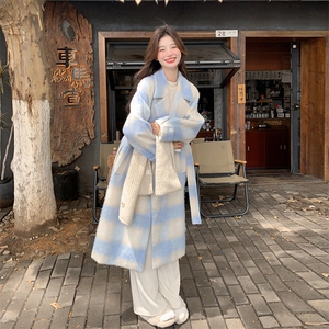 2025年秋冬季女装女士蓝色格子毛呢外套图片
