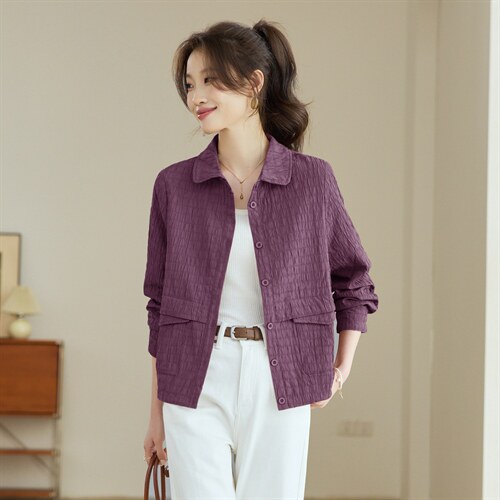 2026年春季翻领短款扣子休闲宽松微胖显瘦外套，女装短外套，文熹诺