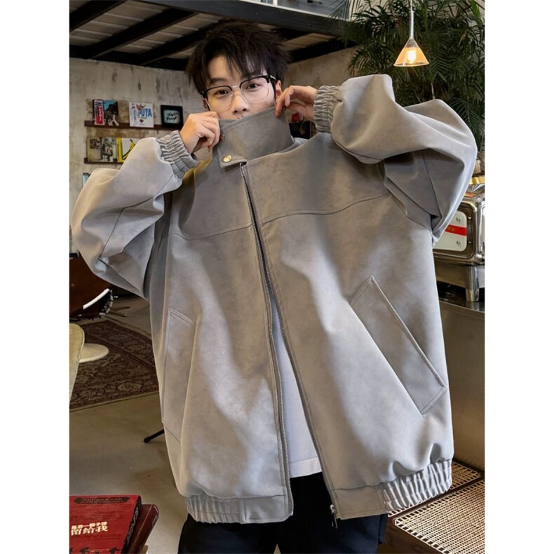 1506-1/JJ5301高品质/P88复古扎染立领PU皮衣外套男装美式高级感图片
