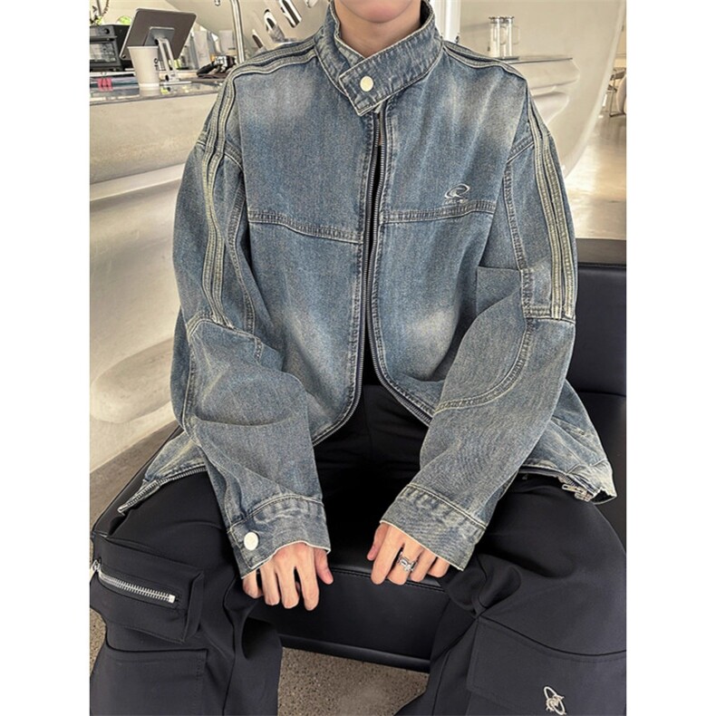 美式牛仔外套男春秋款美式复古高级感欧美潮牌条纹立领夹克衫，男装工装外套，四季星座505