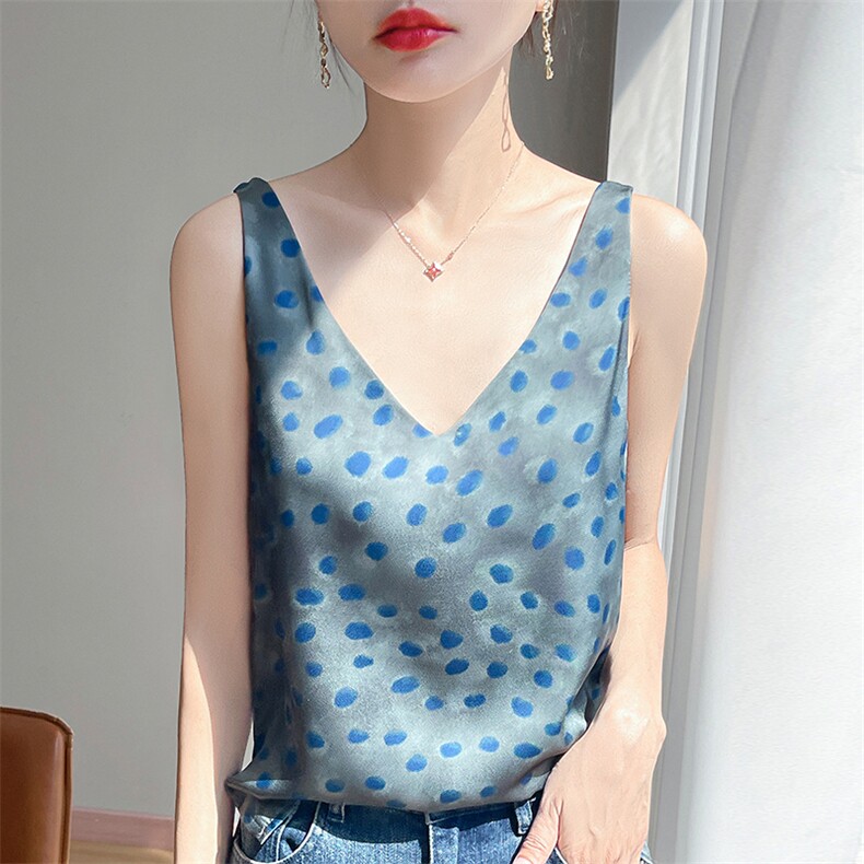 重磅天丝吊带背心女V领水墨油画印花设计感内搭外穿醋酸缎面打底,女装背心吊带,暖习羊绒