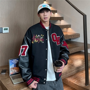JK5872-P85 美式拼接刺绣皮质撞色棒球服飞行员夹克外套 控149图片
