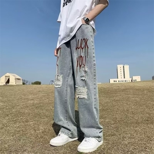 复古印花破洞牛仔裤潮流秋季美式痞帅直筒宽松阔腿长裤L50222-P40图片
