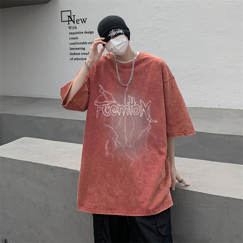 B239-1090-P38闪电字母印花复古水洗做旧重磅落肩袖短袖T恤,男装T恤,星座514-2(原B239)