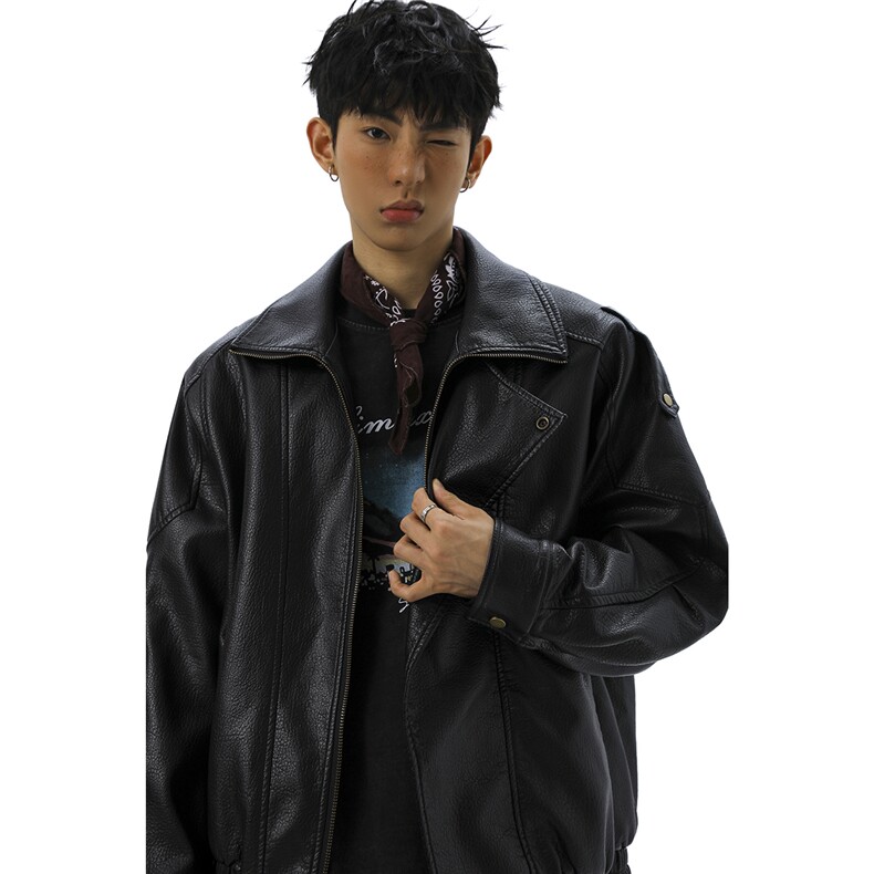 荔枝纹高端双层领廓形设计大码M-5XL机车皮衣男JK78095P128控178,男装皮衣,星座226-1