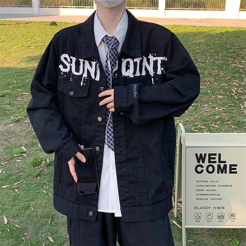 美式复古字母印花牛仔夹克潮流新款宽松休闲外套,男装工装外套,星座410-6（原星座1304-1）