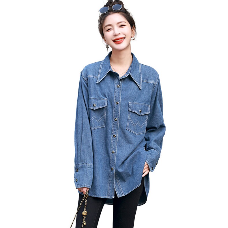 牛仔衬衣女早春秋欧货爆款2025新款设计感大码胖mm中长款衬衫上衣,女装衬衫,丽影随形