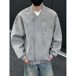 美式棒球服男秋高街痞帅扎染皮夹克设计感短款工装外套潮图片