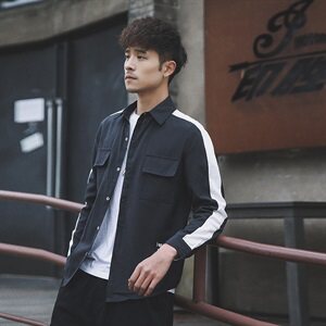 2021外景日系春季新大码拼接纽扣翻领宽松休闲衬衫男C507-P45