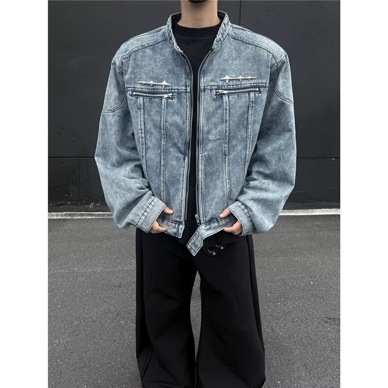 美式复古水洗垫肩短款拼接牛仔外套做旧潮牌高级设计感无领夹克男，男装工装外套，星座410-6（原星座1304-1）