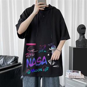 LD54186-P45 NASA联名同款连帽短袖t恤男大码胖子带帽五分袖中袖图片