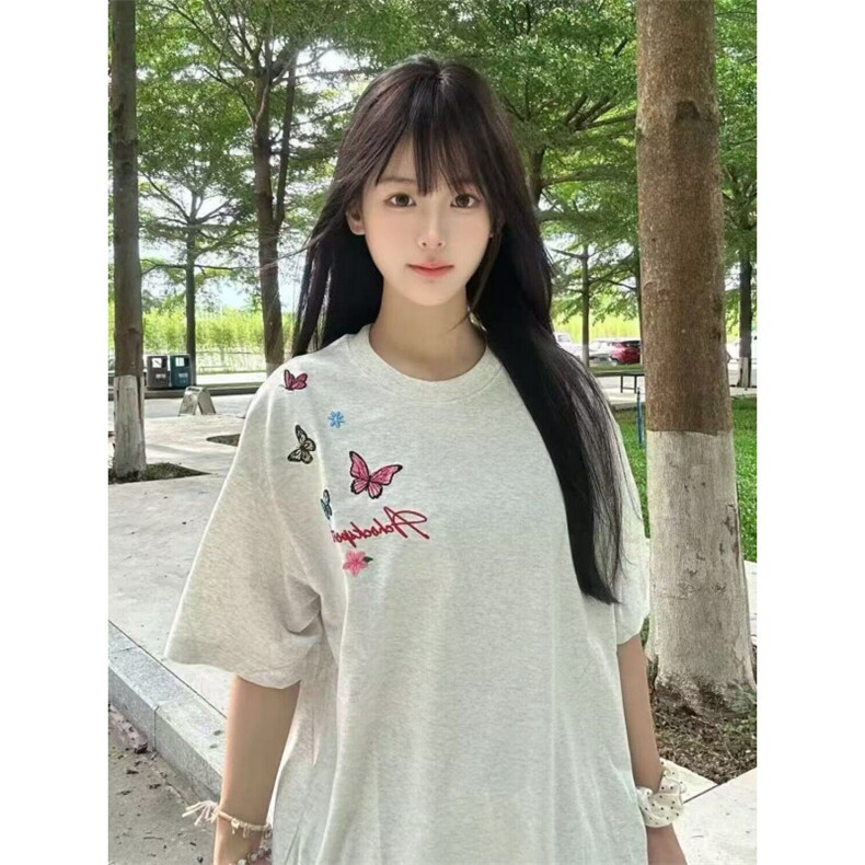 美式高街蝴蝶字母刺绣短袖t恤女夏季宽松高级情侣款潮牌套头上衣,男装T恤,星座506A
