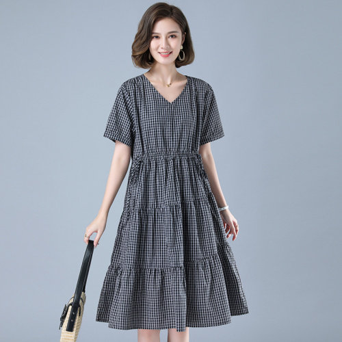 中长款格子圆领连衣裙女2023夏季大码宽松遮肚子显瘦亚麻A字裙女，女装连衣裙，风姿绰