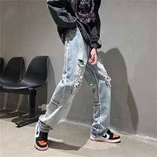 美式vibe风炸街复古男裤子高街ins潮牌破洞牛仔裤裤夏季N1032-p45，男装牛仔裤，星座1008