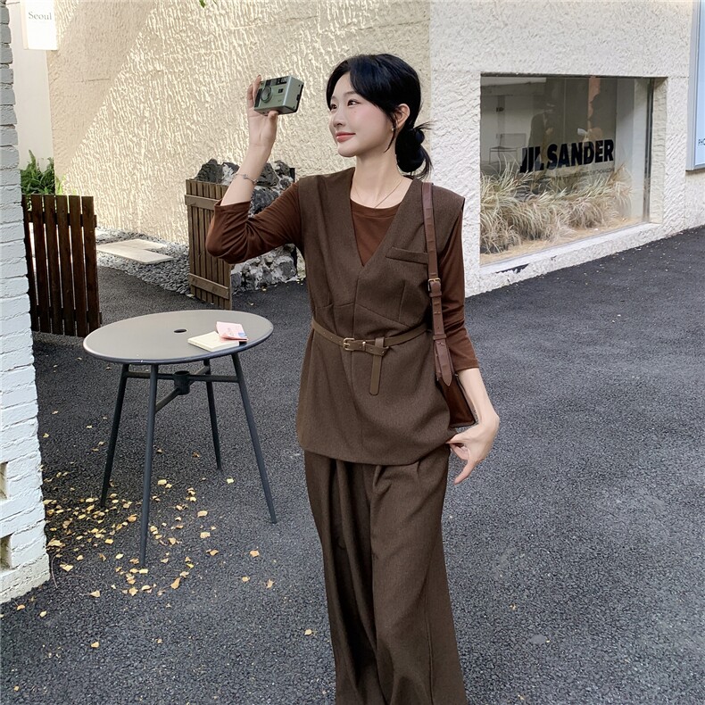 高级轻熟风穿搭咖色马甲套装女2025春秋超火好看阔腿裤气质三件套,女装套装/套裙,蝶眷