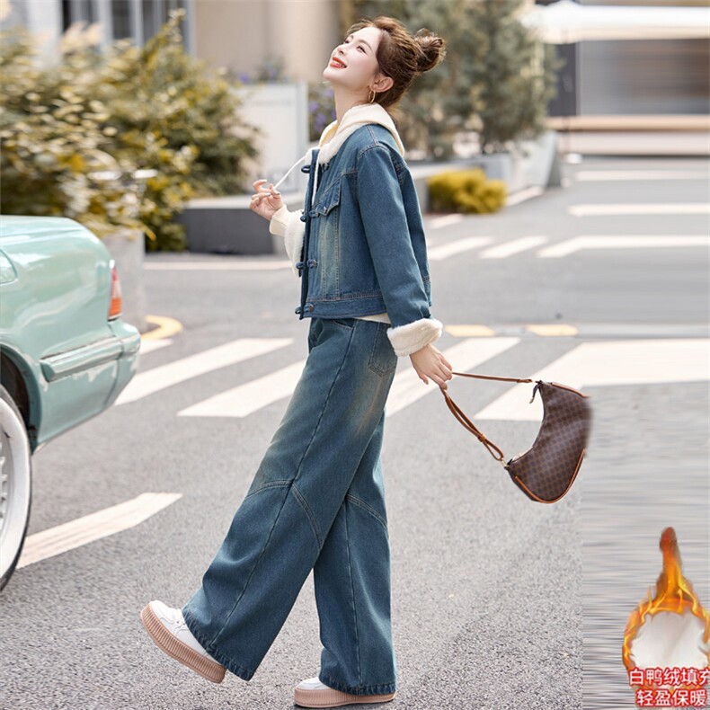 2024冬季小个子羽绒填充内胆牛仔外套搭配加绒牛仔裤套装三件套,女装套装/套裙,欣品汇
