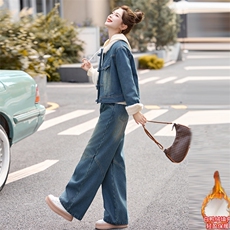 2024冬季小个子羽绒填充内胆牛仔外套搭配加绒牛仔裤套装三件套，女装套装/套裙，欣品汇