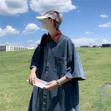 港风复古牛仔衬衫男2024年夏新款短袖衬衣青少年宽松休闲工装外套，男装衬衫，星座601-2