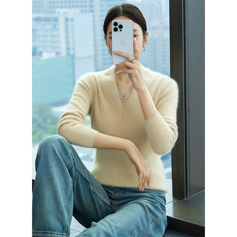 时尚减龄V领羊绒衫简约优雅修身长袖毛衣,女装羊绒衫,百越羊绒