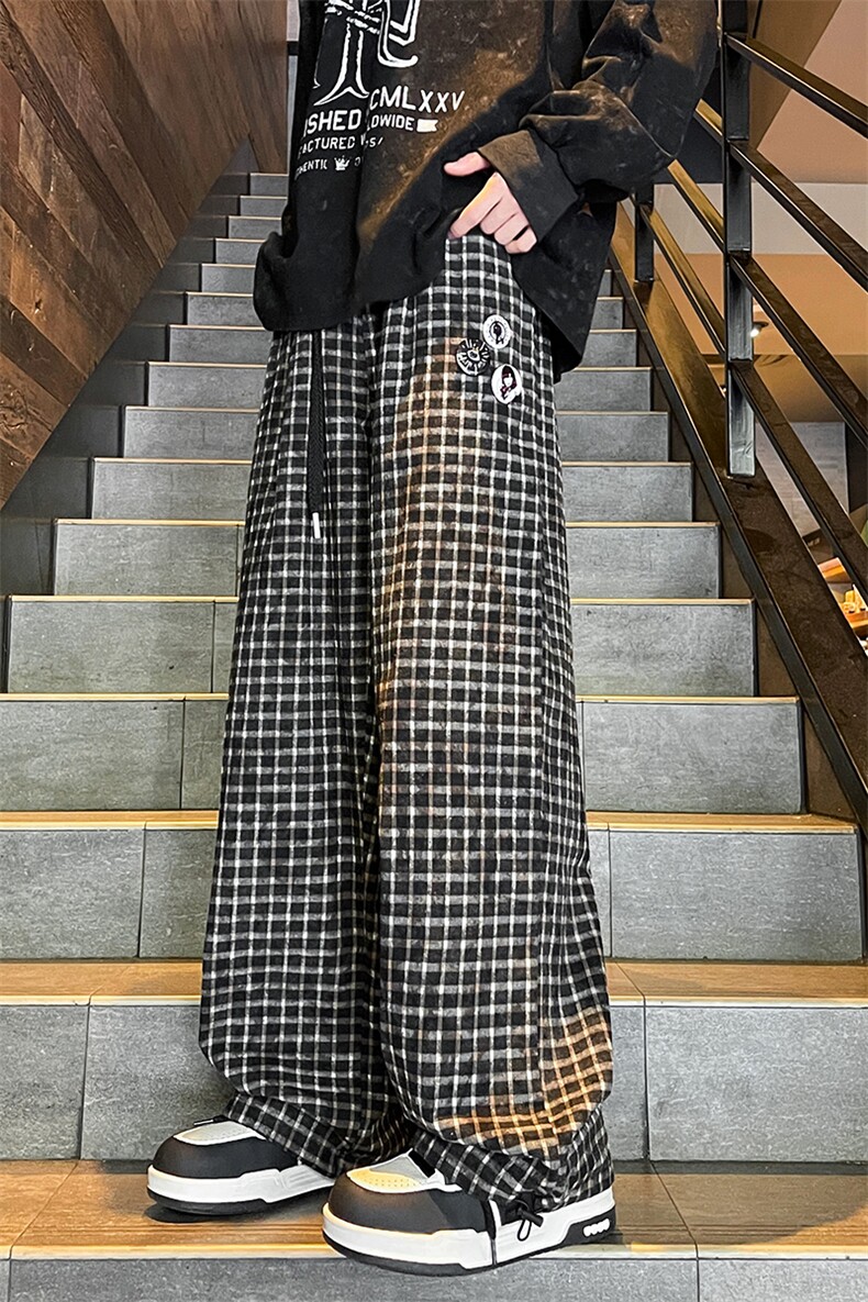 8XL-M送徽章扣!美式复古格子裤宽松垂感阔腿休闲松紧K9104P58控78,男装休闲裤,电商D206-1