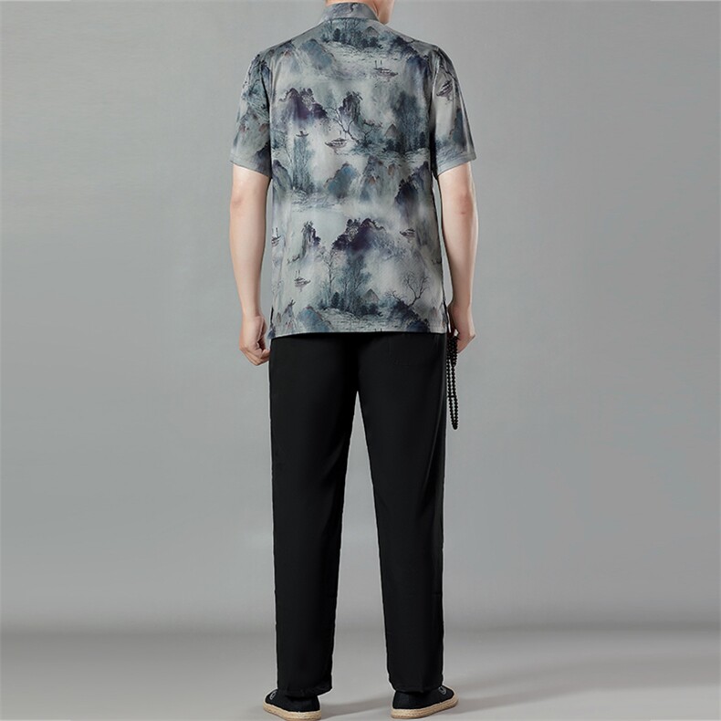 唐装男爸爸夏装短袖冰丝风衣服中老年人爷爷夏季汉服休闲套装,男装民族服装,电商B212（原钱塘6029）