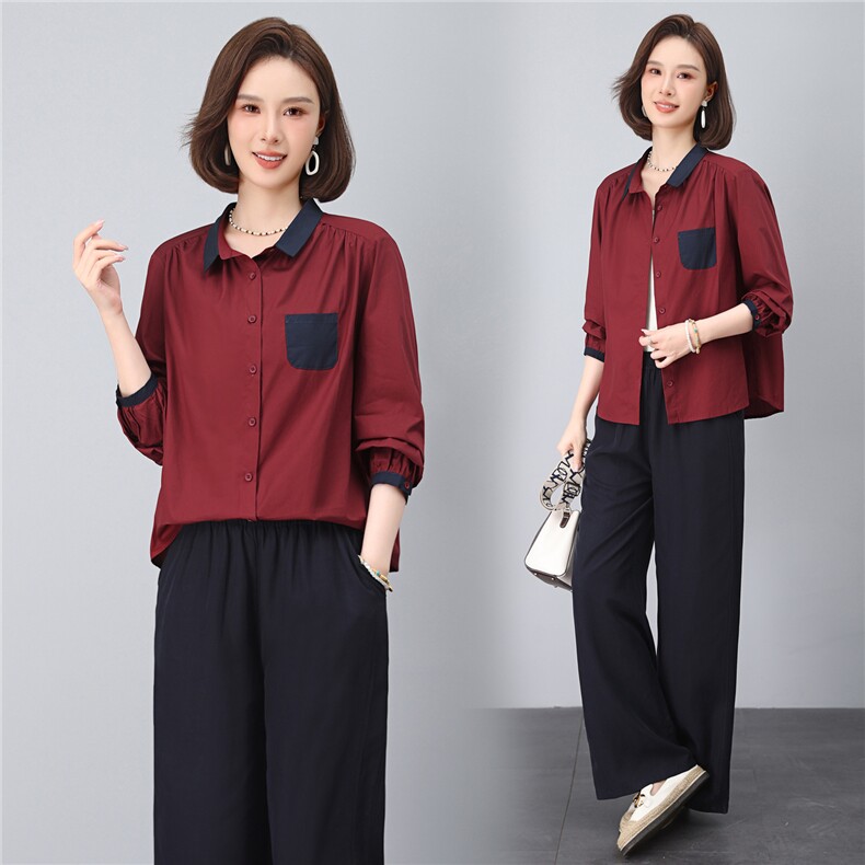 2025年秋季时尚撞色纯棉衬衫+天丝亚麻裤文艺优雅套装，女装套装/套裙，依恋蒂丝