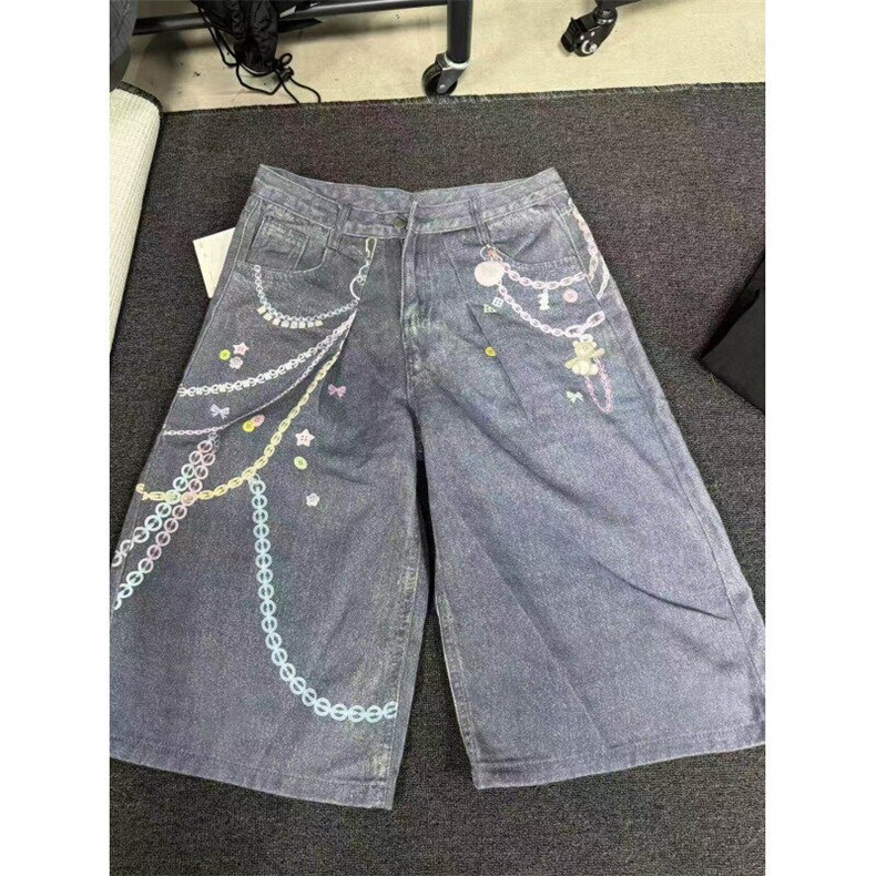 美式复古3D链条印花七分牛仔裤夏季高街设计感宽松显瘦阔腿短裤,男装牛仔裤,星座601-1