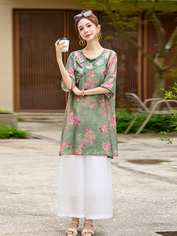 现货！夏季新款2025印花盘扣套装女时尚休闲气质宽松两件套套裤,女装套装/套裙,涵墨