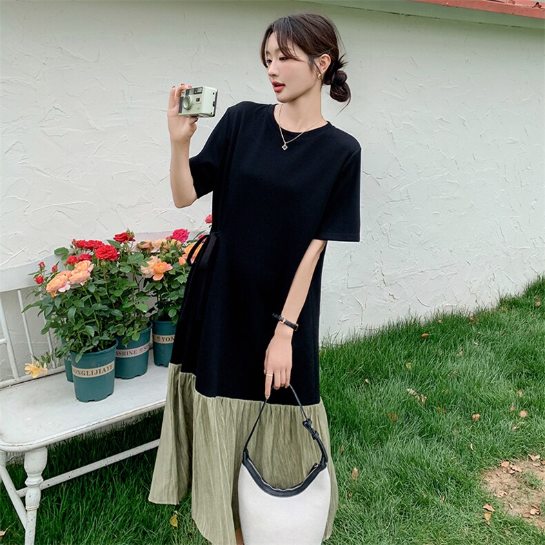 撞色拼接T恤连衣裙女2025年夏季新款高级感宽松气质显瘦过膝长裙图片