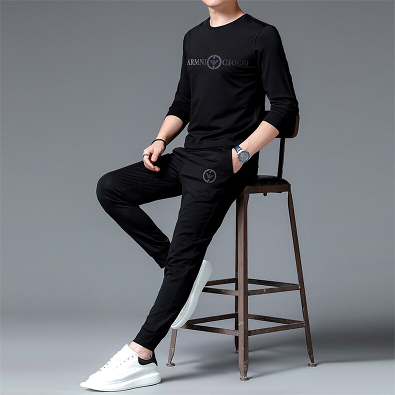 中老年男士印花运动套装爸爸春秋季套头圆领两件套中年人休闲服图片