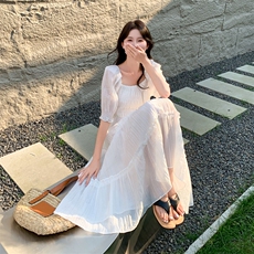 AUTRAIN法式泡泡袖天丝连衣裙女气质显瘦复古甜美温柔风仙女裙，商品下架区，韩然一族