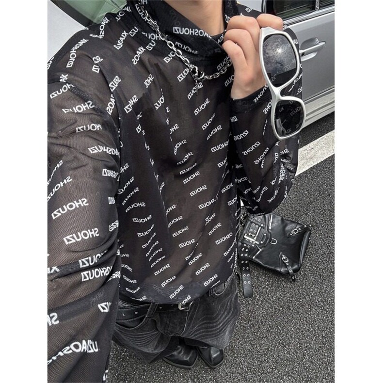 美式高街冰丝打底长袖t恤潮牌欧美vintage透气高领长袖衫男款上衣,男装T恤,星座506A