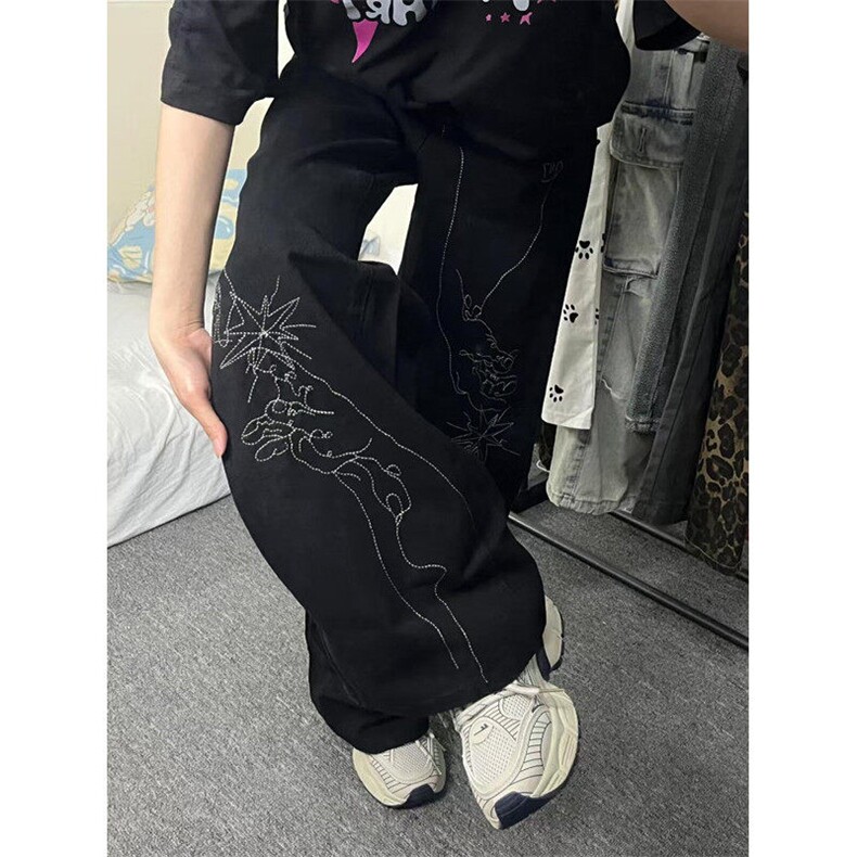 设计感小众手绘图案刺绣牛仔裤男复古渐变宽松直筒阔腿裤 NU52图片
