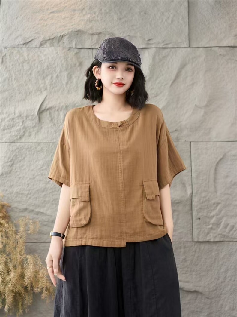 双兜棉纱小衫纯色时尚百搭短袖，女装T恤，湘姗